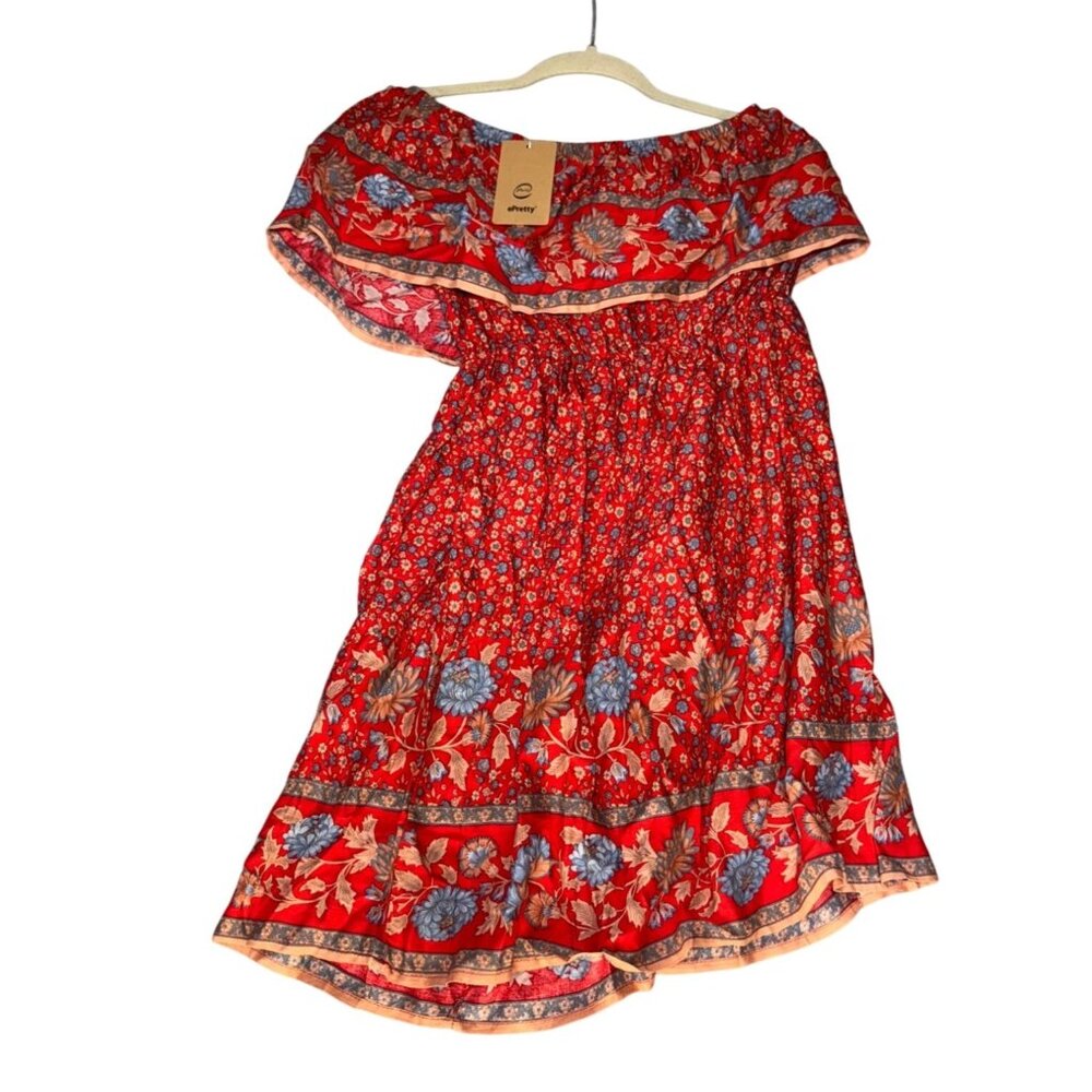 Epretty Bohemian womens medium Off-Shoulder Floral Dress Red and Blue